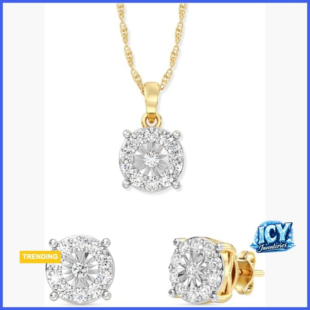 Lab-Grown Diamond Necklace & Earring Set, Sterling Silver, 14K Gold-Plated